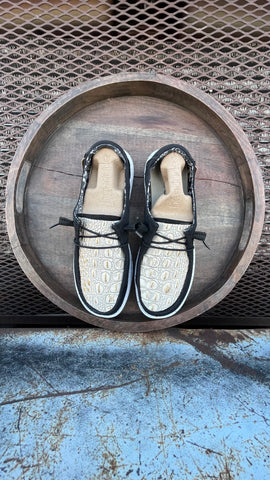 Black Shoes with White/Gold Crocodile Embossed Leather