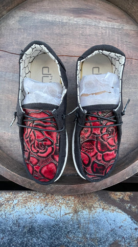 Kids Red/Black Roses Embossed Leather Shoes